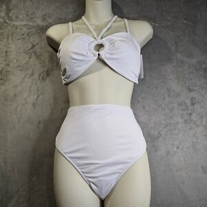 2 Piece Bikini Set Swimsuit Size Large White Cutout Spaghetti Strap High Waist